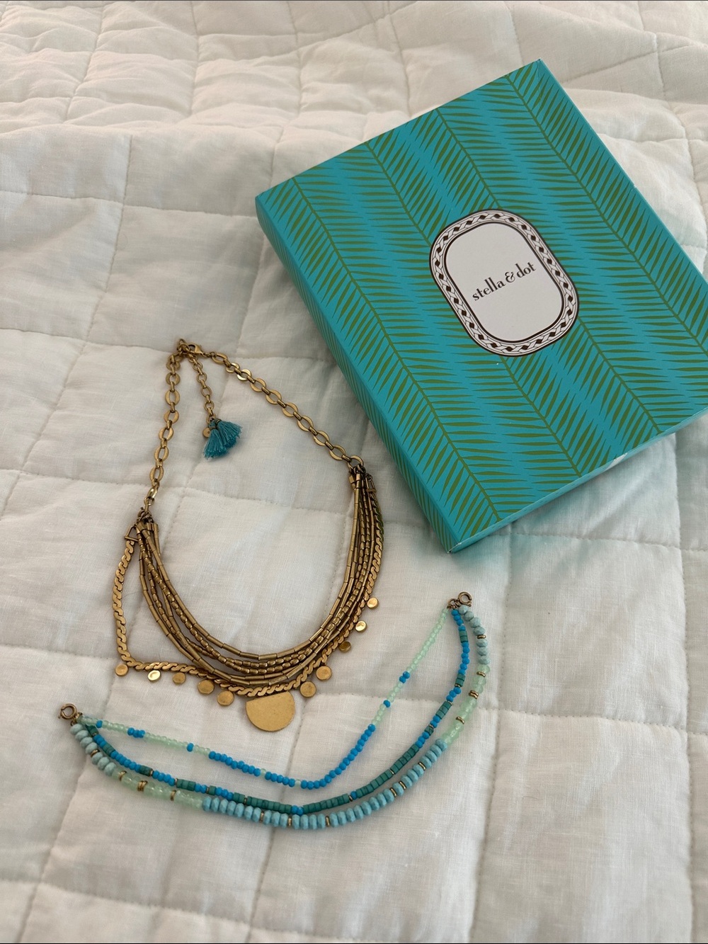 Stella & Dot Gold Layered Necklace with Blue-Turquoise Beads